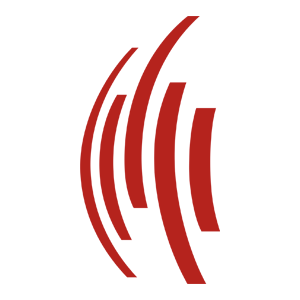 A stylized red logo with four curved, tapering lines of varying lengths, arranged in parallel, resembling abstract sound waves or signal bars on a white background.