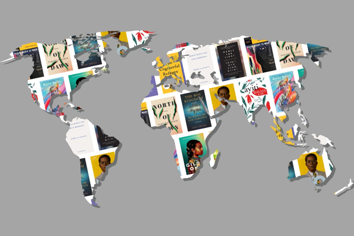 A world map silhouette filled with images of various book covers on a gray background, representing literature from around the globe.