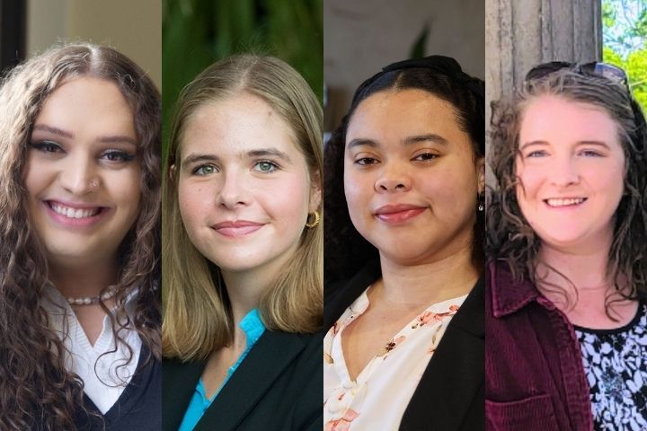 Four women are pictured in a split-frame photo, each smiling and facing the camera. They have different hairstyles and outfits, set against various indoor and outdoor backgrounds.