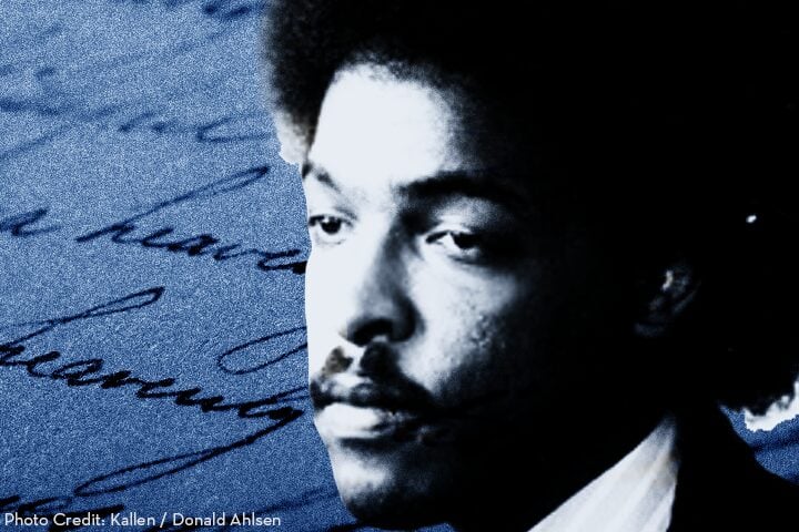 A black-and-white portrait of a man with an afro and mustache is superimposed over a blue-toned background featuring handwritten cursive text. Photo credit: Kallen / Donald Ahlsen.