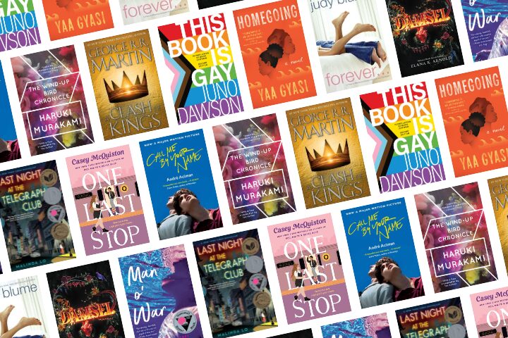 A collage of various LGBTQ+ themed book covers, including titles like This Book is Gay, One Last Stop, The Wind-Up Bird Chronicle, and Homegoing, arranged in a diagonal, repeating pattern.