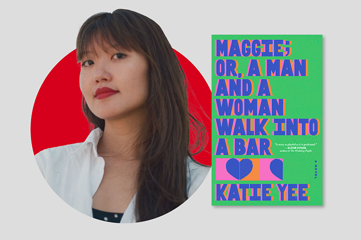 A woman with long dark hair and red lipstick stands in front of a red circle. Next to her is a colorful book cover titled Maggie; Or, A Man and A Woman Walk Into A Bar by Katie Yee, featuring bold blue and pink text.