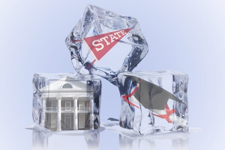 Three ice cubes contain a college pennant labeled STATE, a neoclassical campus building, and a graduation cap with a red tassel, symbolizing aspects of college life frozen in ice.