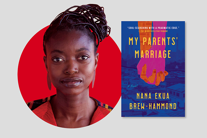 A portrait of a woman with dark braided hair and red earrings is shown beside the book cover for My Parents Marriage by Nana Ekua Brew-Hammond. The cover features bold colors and an illustration of two hands.
