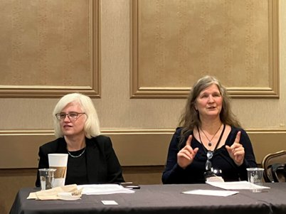 Two women sit at a table during a discussion. One woman, with white hair and glasses, is listening, while the other, with long gray hair, is speaking and gesturing with both hands. Papers and cups are on the table.