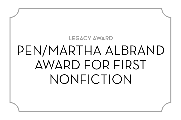 A white placard with a thin gray border reads LEGACY AWARD PEN/MARTHA ALBRAND AWARD FOR FIRST NONFICTION in uppercase black and gray text.