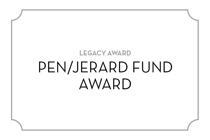 A white card with decorative corners displays the text LEGACY AWARD above the bold title PEN/JERARD FUND AWARD.