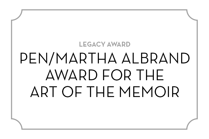 A white placard with a thin gray border reads: LEGACY AWARD PEN/MARTHA ALBRAND AWARD FOR THE ART OF THE MEMOIR in black and gray text.