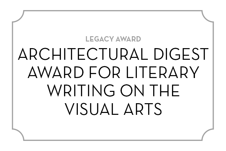A plaque with the text: “Legacy Award: Architectural Digest Award for Literary Writing on the Visual Arts” in bold, uppercase black letters on a white background with a gray border.