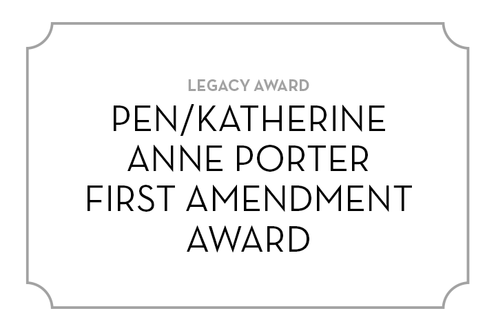A certificate with a decorative border reads: Legacy Award. PEN/Katherine Anne Porter First Amendment Award in bold, black text on a white background.