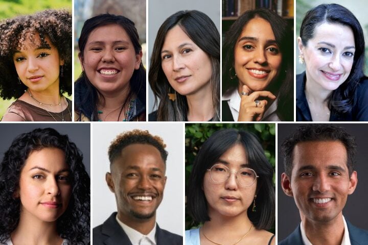 A collage of eight people with diverse backgrounds, genders, and hairstyles, smiling or looking thoughtfully at the camera, set against varied indoor and outdoor backgrounds.