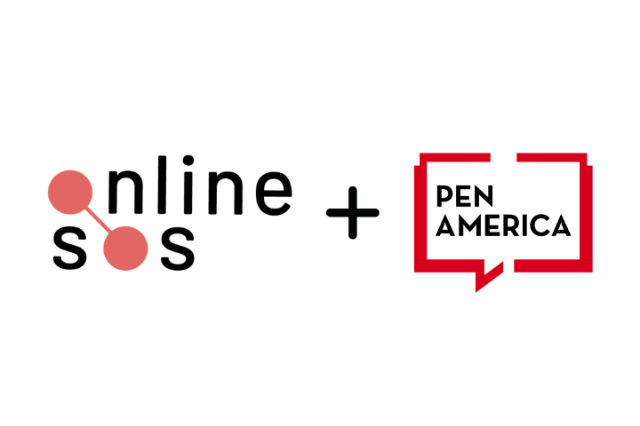 Logos for Online SOS (with two red dots as letter os) and PEN America (in a red speech bubble outline), separated by a plus sign, on a white background.