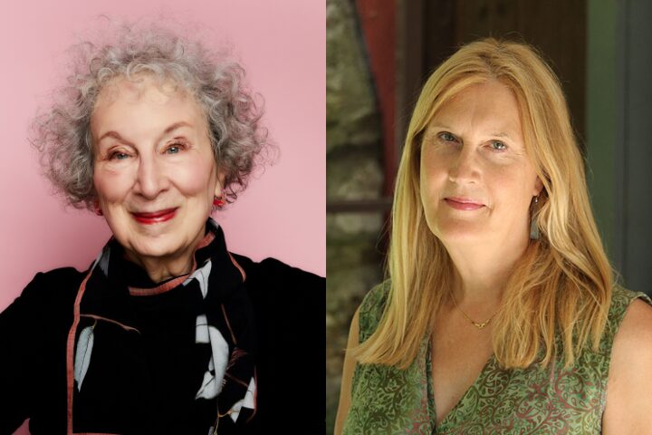 A split image shows two women: on the left, an older woman with curly gray hair, wearing a scarf and black top, smiling against a pink background; on the right, a blonde woman with straight hair, in a green patterned top, stands outdoors.