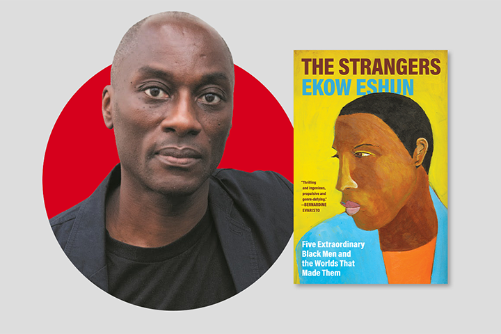 A man in a dark jacket poses in front of a red circle background. Next to him is the book cover for The Strangers by Ekow Eshun, featuring an illustrated portrait of a man on a yellow background.