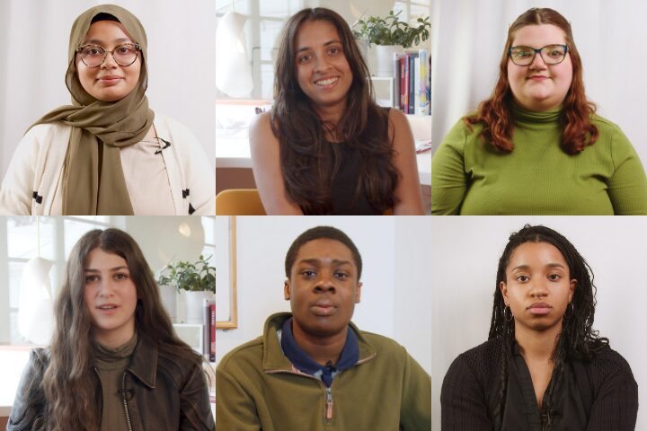 A collage of six people of diverse backgrounds, each facing the camera and seated indoors. They are all dressed in earth-toned clothing, with neutral expressions, and a plant and bookshelf visible in the background.