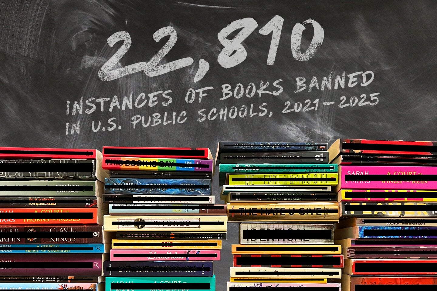 Stacks of colorful books are arranged in front of a chalkboard that reads 22,810 instances of books banned in U.S. public schools, 2021–2025 in bold white lettering.