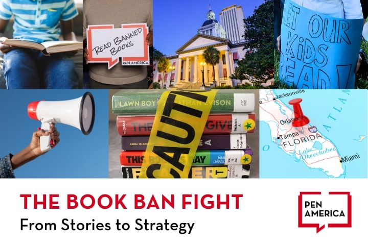 A collage featuring books labeled banned, caution tape over a stack of books, a megaphone, the Florida capitol, a banner reading Let Our Kids Read, and a Florida map with a red pin. Text: The Book Ban Fight. From Stories to Strategy.