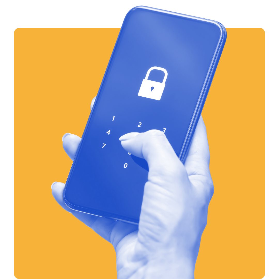 A hand holds a smartphone with a lock icon and a numeric keypad visible on the screen, suggesting the phone is locked or requires a passcode. The background features a solid orange rectangle.