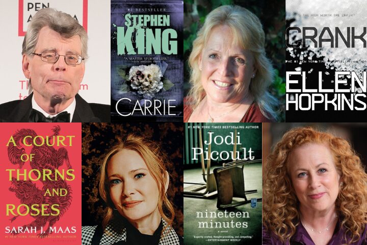 A collage featuring photos of six authors alongside the covers of their popular books: Stephen King with Carrie, Ellen Hopkins with Crank, Sarah J. Maas with A Court of Thorns and Roses, and Jodi Picoult with Nineteen Minutes.