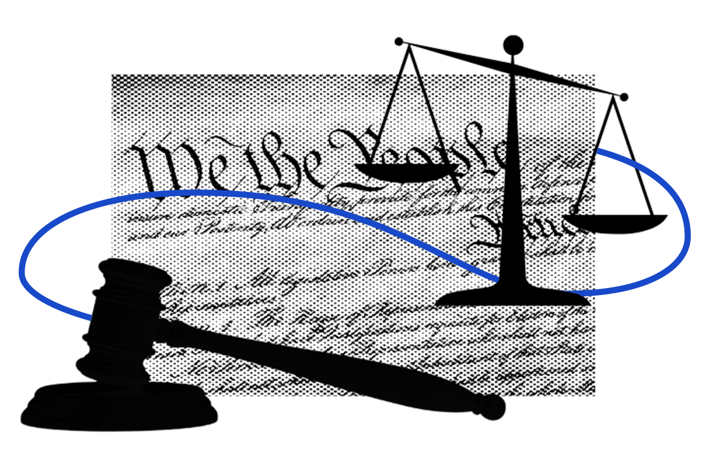 A gavel and scales of justice are shown in black silhouette over a faded image of the U.S. Constitution, with a blue curved line crossing the scene.