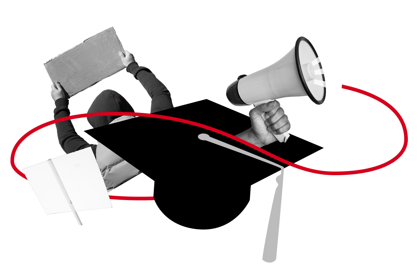 A collage featuring a graduate cap, a hand holding a megaphone, a person raising a cardboard sign, and a red line looping through the elements, symbolizing protest and activism in education.