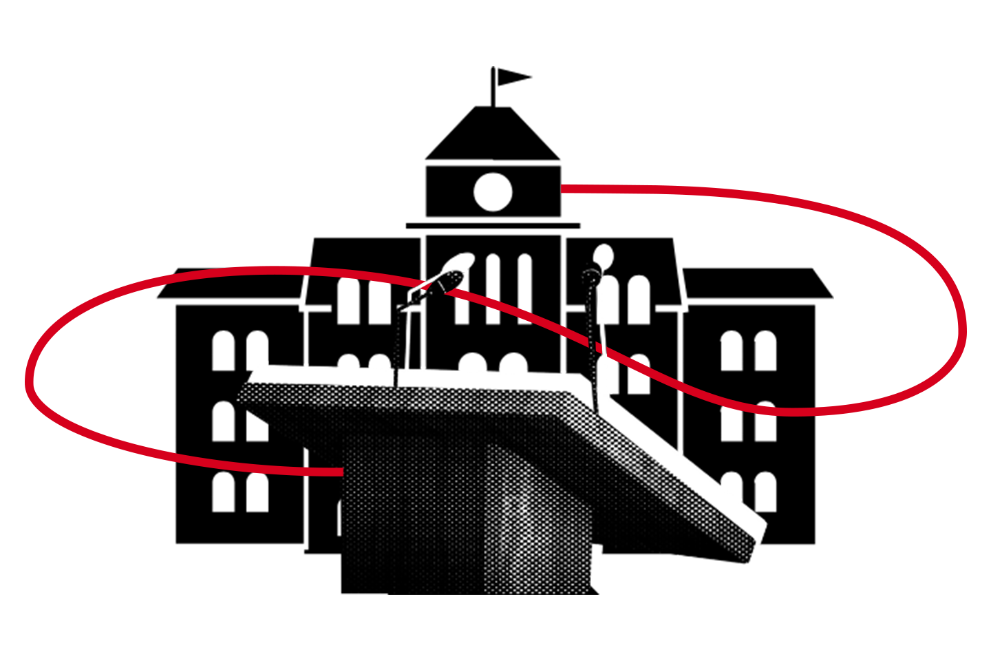 A black and white illustration of a podium with microphones in front of a large building, with a red curved line looping around both the podium and the building.