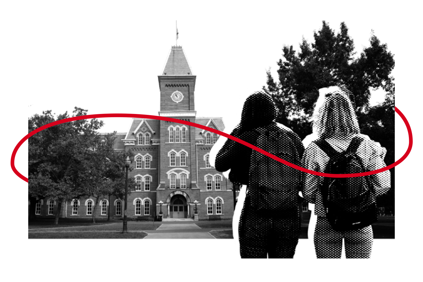 Two students with backpacks stand facing a large, historic brick school building. A red looping line curves across the image, and trees frame the scene on both sides. The image is in black and white, except for the red line.