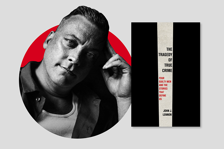 Black-and-white portrait of a man with slicked-back hair next to a book cover titled “The Tragedy of True Crime” by John J. Lennon, featuring a black background and a white vertical stripe with red and black text.