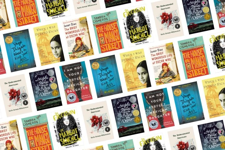 A pattern of book covers arranged diagonally, featuring titles such as The House on Mango Street, When I Was Puerto Rican, The Absolutely True Diary of a Part-Time Indian, and others.