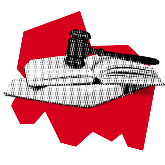A gavel rests on an open book with another book underneath, all in black and white, set against a bold red abstract shape—a striking symbol of the ways to fight book bans.