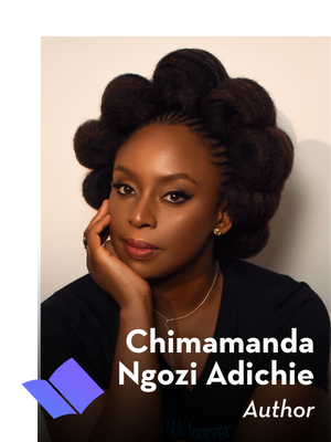 A portrait of Chimamanda Ngozi Adichie posing with her hand on her chin. Text reads: Literary Host 2026 Gala. Chimamanda Ngozi Adichie, Author. A blue book icon appears in the corner.