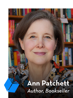 Ann Patchett, smiling and wearing a floral top, sits in front of a colorful bookshelf. Text reads: 2026 PEN/Audible Literary Service Award and Ann Patchett, Author, Bookseller.