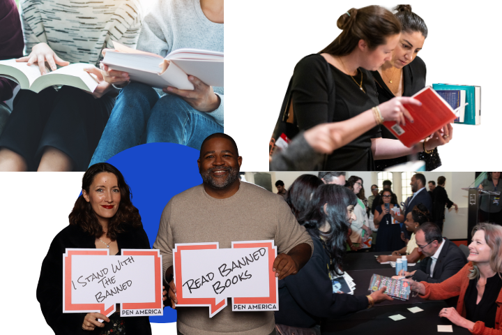 A collage shows people reading books, discussing in small groups, and holding signs like “I STAND WITH THE BANNED” at a PEN America event celebrating the power of banned books and pen america membership.