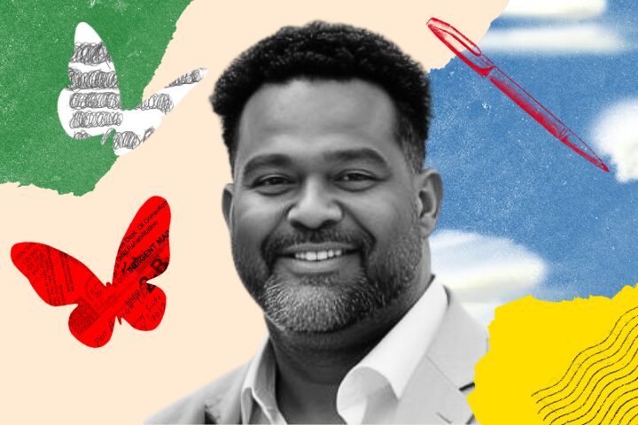 A smiling man with short curly hair and a beard is in the center. The background is a colorful collage with abstract shapes, butterflies, a red pen, and paper textures.