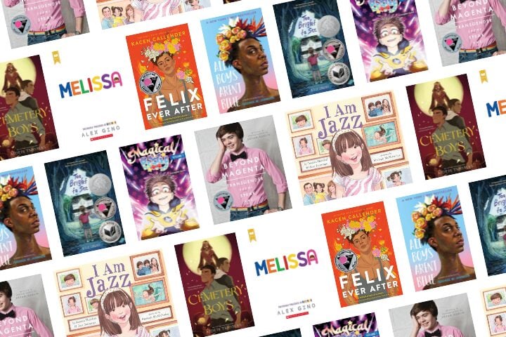 A collage of diverse LGBTQ+ themed book covers, including titles like Felix Ever After, Melissa, Cemetery Boys, I Am Jazz, and others, arranged in a repeating diagonal pattern on a white background.