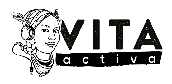 Black and white logo with a drawing of a woman wearing headphones and braids, next to bold text reading VITA activa, with activa in a black rectangular background.