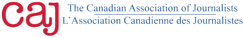 Logo for the Canadian Association of Journalists with the acronym CAJ in red and the full name in English and French in blue text to the right.