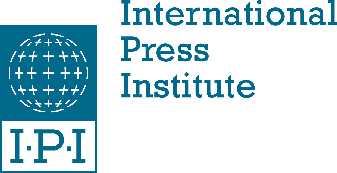 Logo of the International Press Institute featuring a blue globe with white plus signs and the acronym IPI below it, alongside the organization’s full name in blue text on a light background.