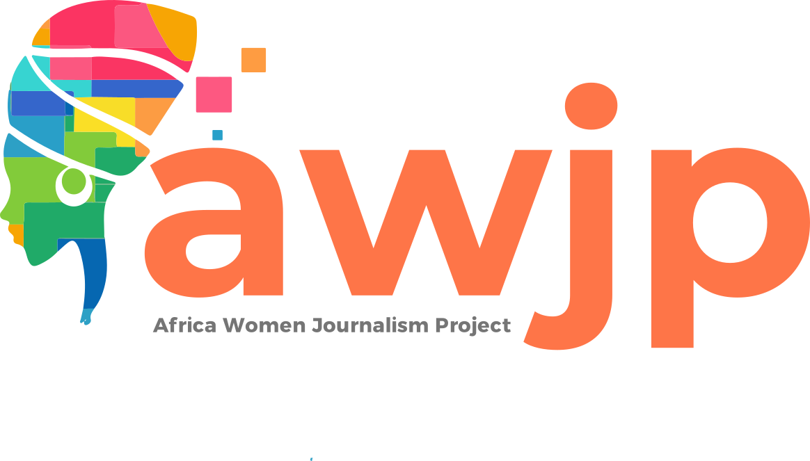 Logo for the Africa Women Journalism Project (AWJP) featuring a colorful, stylized profile of a woman’s head next to large orange letters awjp and the projects full name below.