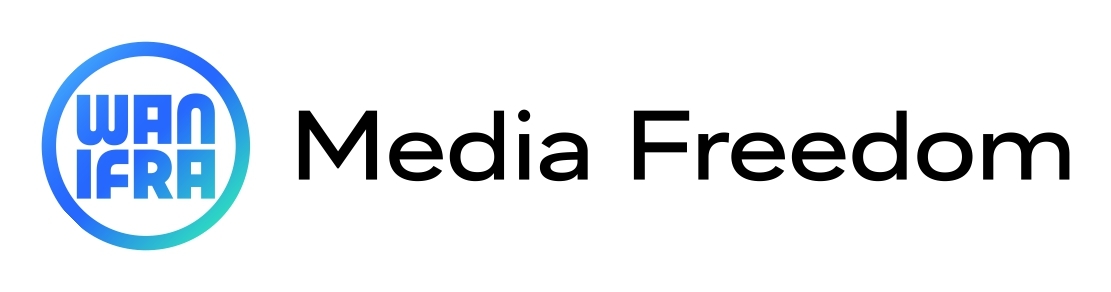 Logo with the text WAN IFRA in a blue circular outline on the left, and the words Media Freedom in black letters to the right.