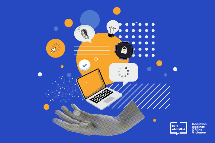 A collage featuring a hand, a laptop, speech bubbles, a lock, an eye, and light bulbs on a blue background with abstract shapes. Pen America and Coalition Against Online Violence logos appear in the corner.