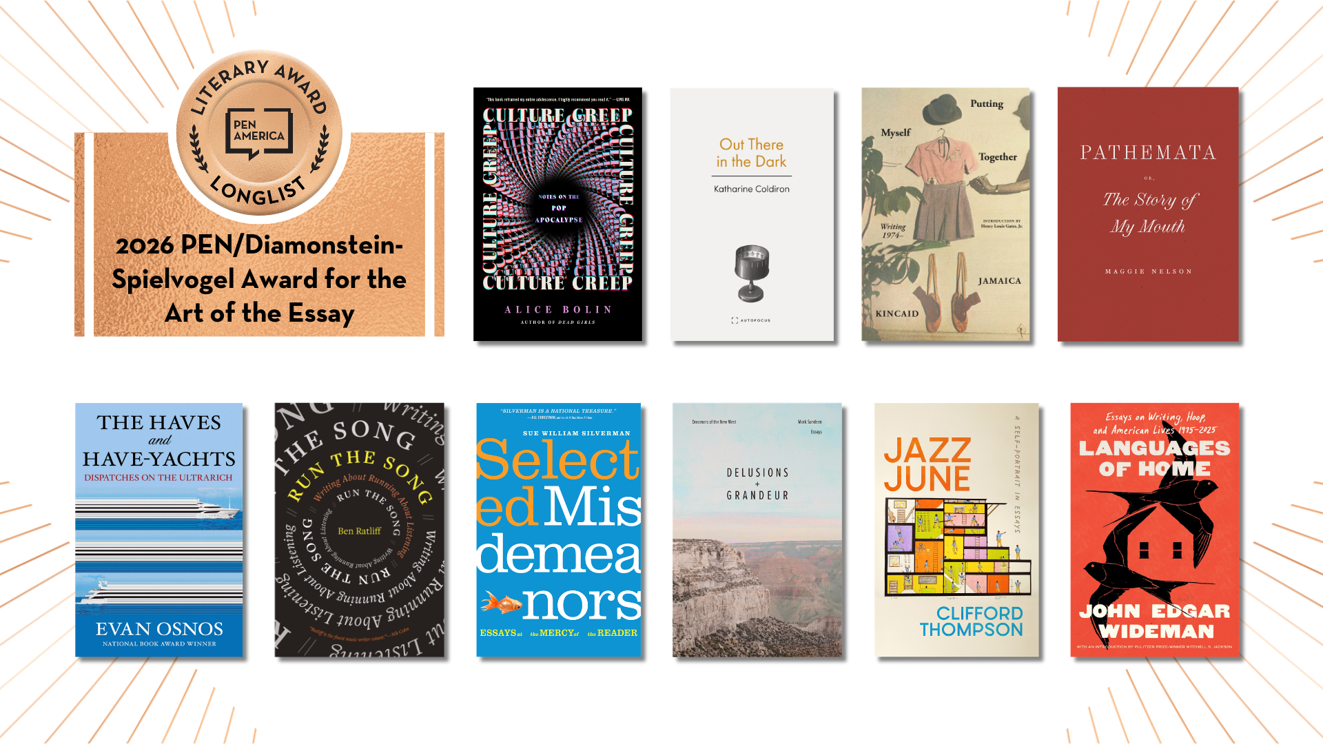 A graphic featuring the 2026 PEN/Diamonstein-Spielvogel Award for the Art of the Essay longlist, with covers of ten nominated books displayed in two rows against a white background.