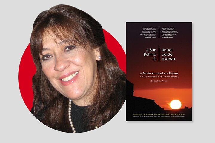 A smiling woman with long brown hair is pictured next to the book cover for A Sun Behind Us / Un sol caído avanza, which features a sunset with a dark silhouette of mountains and text in English and Spanish.