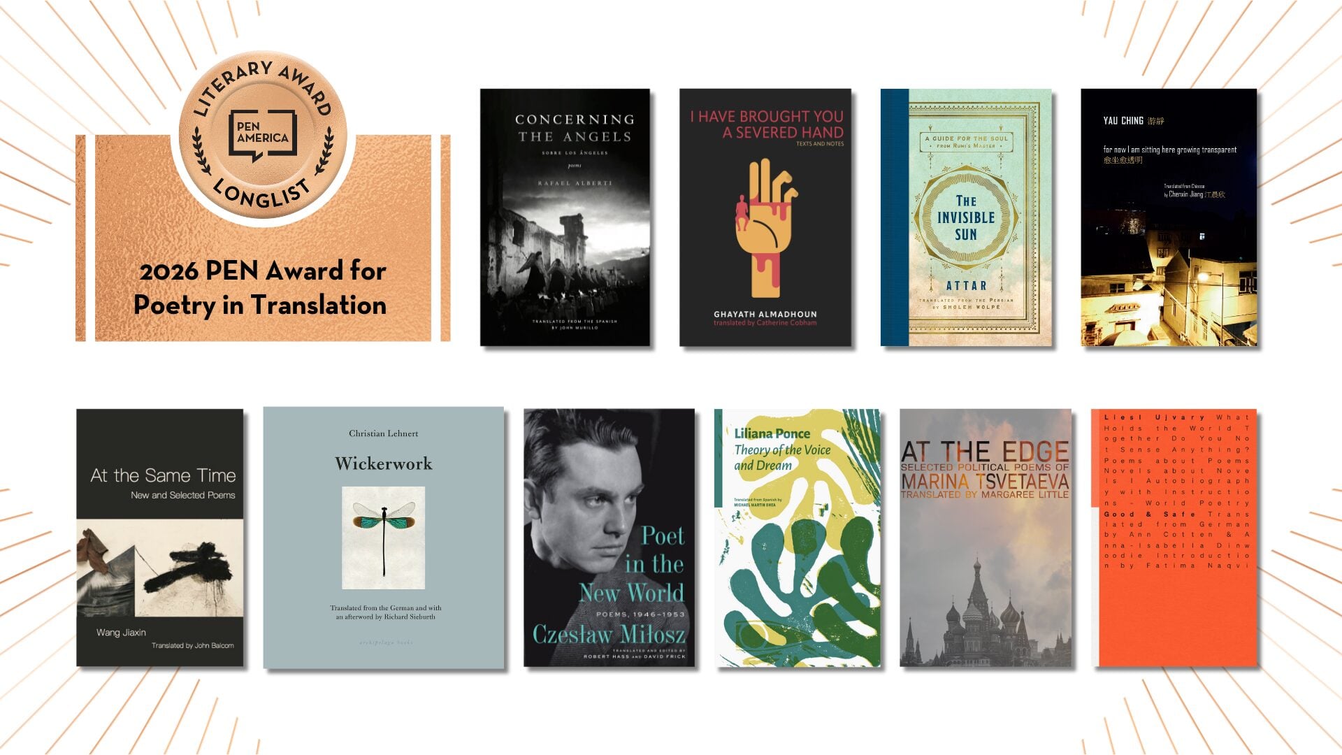 A graphic showing the 2026 PEN Award for Poetry in Translation longlist with book covers arranged in two rows, including titles like Concerning the Angels, I Have Brought You a Severed Hand, and Wickerwork.