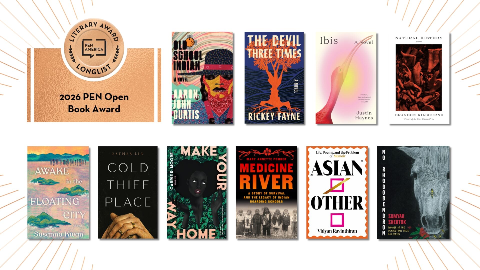 A selection of ten book covers displayed in two rows, with a plaque reading “2026 PEN Open Book Award” and “Longlist” on the left. Each book cover features unique artwork and colors.