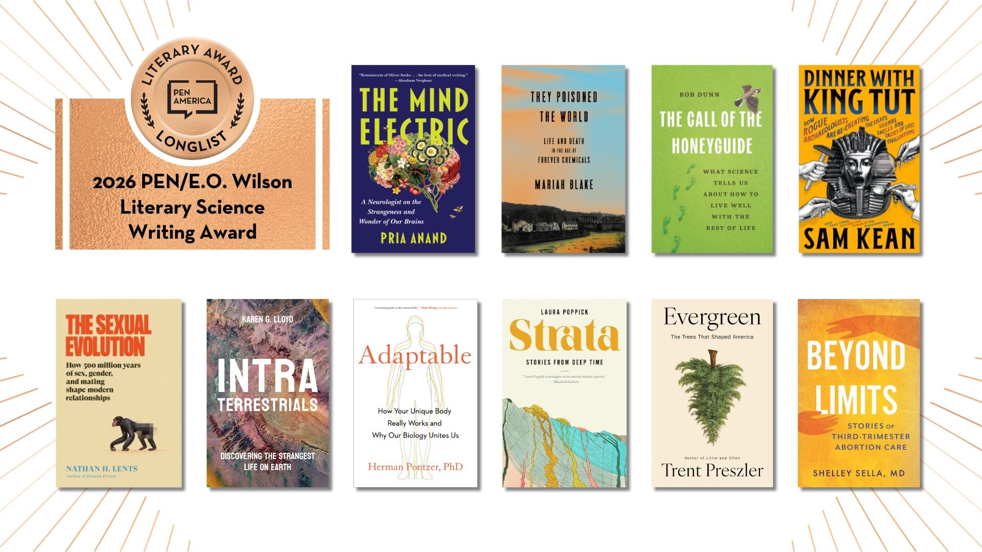 A graphic displaying the 2026 PEN/E.O. Wilson Literary Science Writing Award longlist. It features the awards emblem, announcement text, and covers of ten nominated science books in two rows.