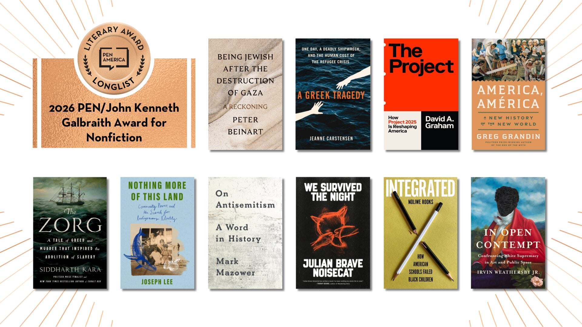 A graphic displays the 2026 PEN/John Kenneth Galbraith Award for Nonfiction longlist. It features 11 nonfiction book covers arranged in two rows, with the award title on the left side against a light background.