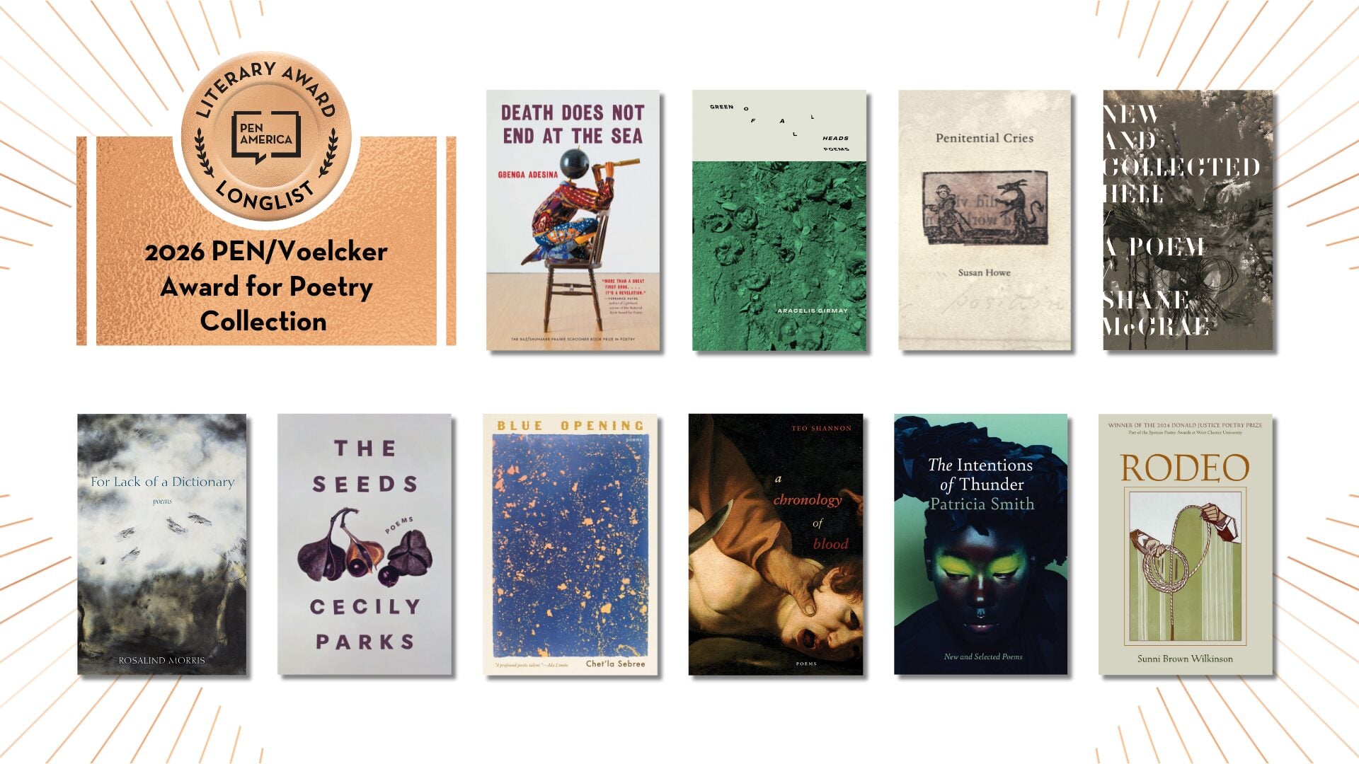 A graphic shows the 2026 PEN/Voelcker Award for Poetry Collection longlist with ten book covers arranged in two rows, each featuring unique artwork and typography. The PEN America logo appears in the top left corner.