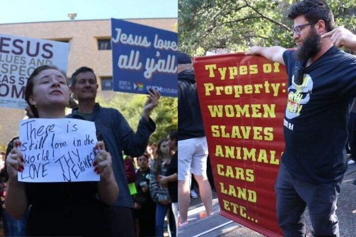 Two groups protest outdoors. On the left, people hold signs with Christian messages about love. On the right, a man holds a large red sign listing Types of Property: Women, Slaves, Animals, Cars, Land, etc.