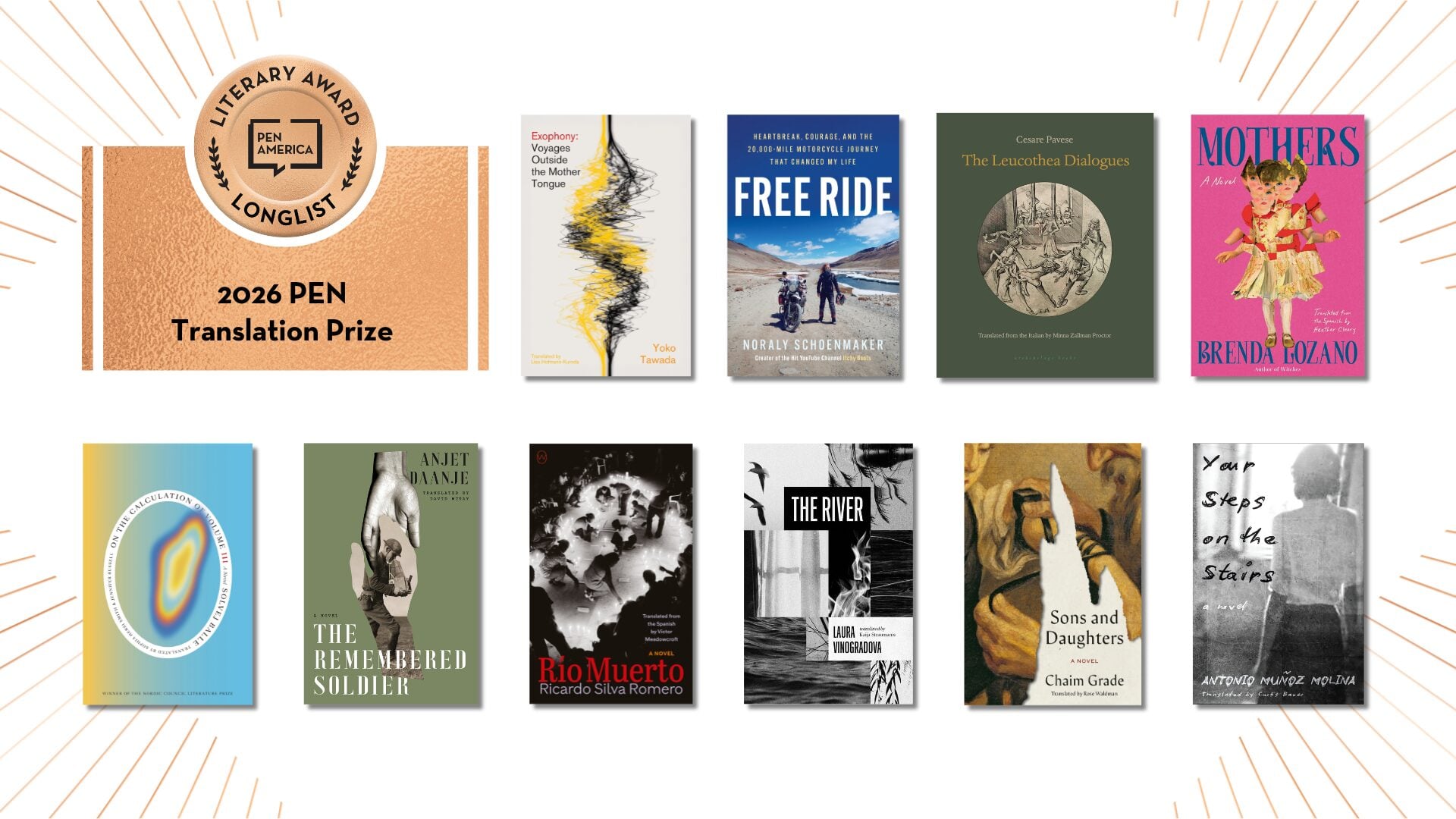 A graphic displaying the 2026 PEN Translation Prize longlist, featuring ten book covers in two rows, each with distinct artwork and titles, on a white background with orange sunburst lines at the sides.